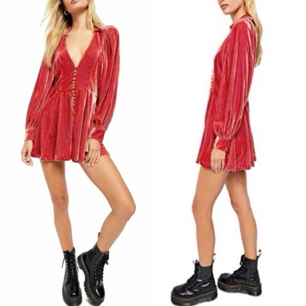 Free People Carnaby Velvet Romper Coral